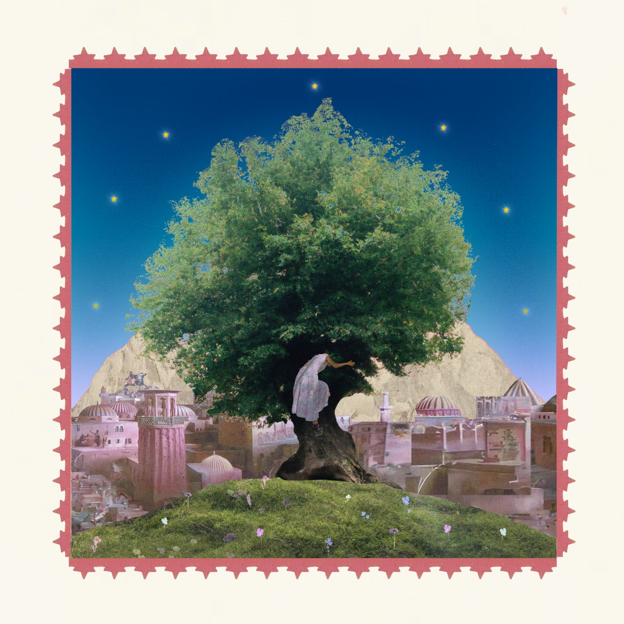 Sara El Hachimi's album cover showing an edited picture mixing real fotos and drawings where Sara is climbing a big tree with an arabic city and a mountain in the background.